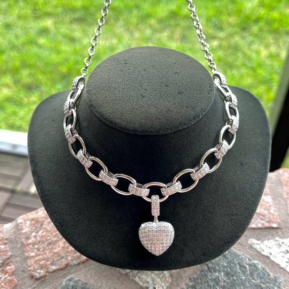 Platinum plated Clear cubic zirconia rhinestone cz heart silver valentine choker - Picture 7 of 11